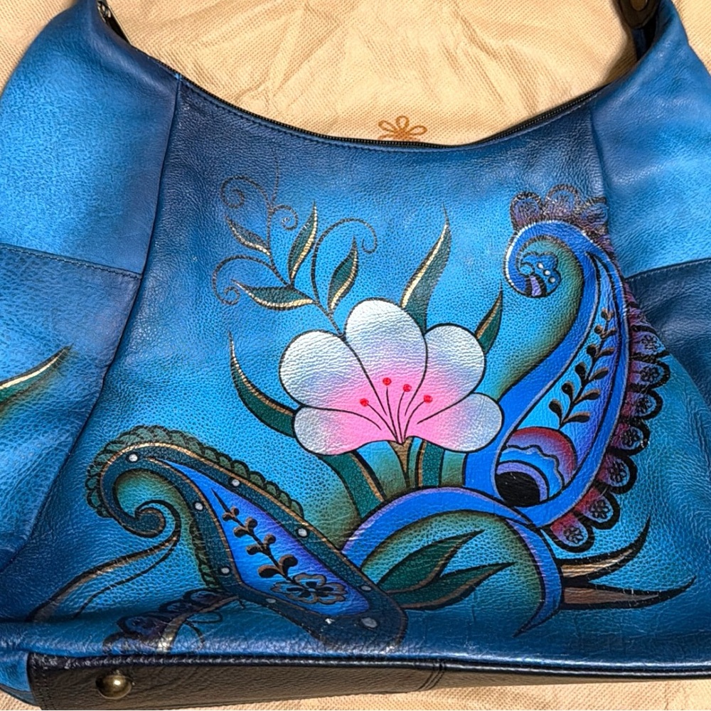 NEW Anuschka Hand Painted Large Multi Pocket Hobo Handbag Denim Paisley Floral - Picture 5 of 16
